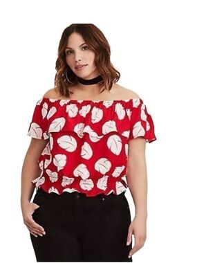 Torrid Disney Lilo and Stitch Red Leaf Pattered Ruffled Off the Shoulder…